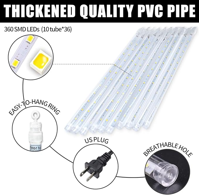 Christmas Purple Meteor Shower Rain Lights, 10 Tube 360 LED 12 Inch for Outdoor Halloween Falling String Raindrop Decor, Patio Garden Roof Eaves