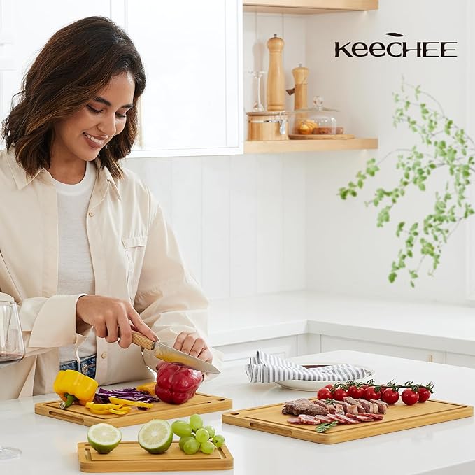 Wood Cutting Board for Kitchen - Reversible Bamboo Cutting Boards Gift Set of 3 with Juice Groove, Wooden Chopping Board for Meat, Fruit, Vegetables & Cheese (Pre Oiled, Natural)