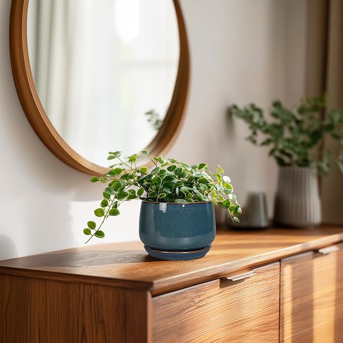 G EPGardening Ceramic Pots for Plants - 4 inch Plant Pots for Indoor Outdoor, Small Planter with Drainage Hole & Tray, Modern Succulent Pots, Round Planter, Office Decor, Home Gifts, Retro Blue