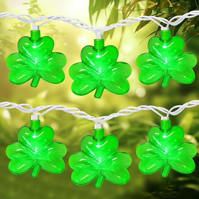 8.5FT Clear Green Shamrock Lights, St Patricks String Lights Outdoor Waterproof with 10 LED Light for rish Shamrock St Patrick's Day Party Indoor Home Garden Decorations