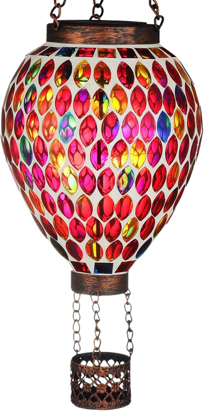 VOREEN Hot Air Balloon Solar Lantern, Mosaic Solar Outdoor Hanging Wind Light, Waterproof, Patio Festive Decor, Easter Gifts for Mom Father Grandma, Red