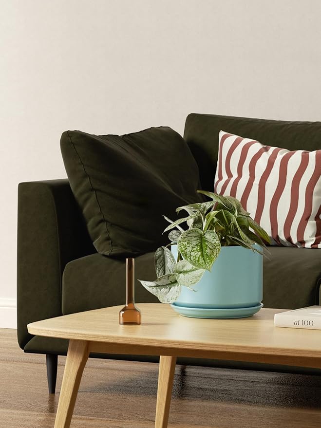 LE TAUCI Ceramic Plant Pots, 4.3+5.3+6.8 inch, Set of 3, Planters with Drainage Hole and Saucer, Indoor Flower Pot with Hole Mesh Pad, Gifts for Mom, Aqua