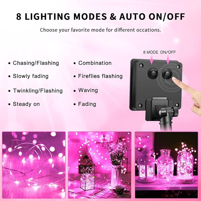 JMEXSUSS 4 Pack Pink Solar Lights, Each 33ft 100 LED Solar String Lights Outdoor Waterproof, 8 Modes Copper Wire Pink Fairy Light for Yard Patio Garden Party Wedding Decorations