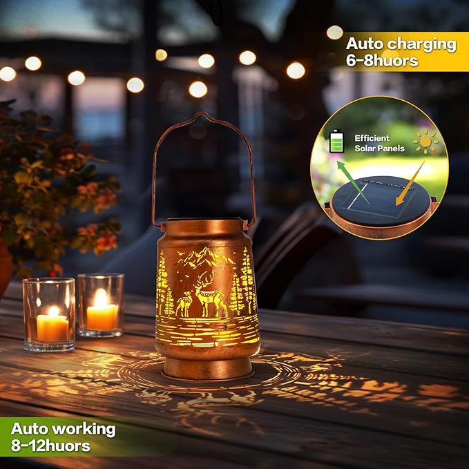 Solar Lanterns Outdoor Garden Decor, Gifts for Women, Mom, Grandma, Birthday, Thanksgiving, Decorative Waterproof Hanging Metal LED Light for Yard, Patio, Lawn, Landscape, Backyard (Deer)