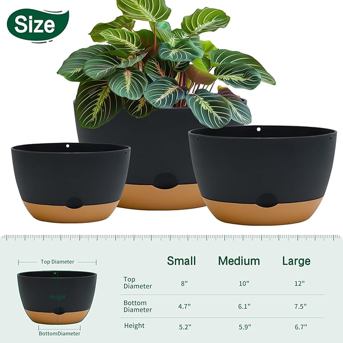 8/10/12 Inch Pots for Indoor Plants, Large Self Watering Planters with Drainage and Saucers, Plastic Outdoor Flower Pot, Set of 3, Grey