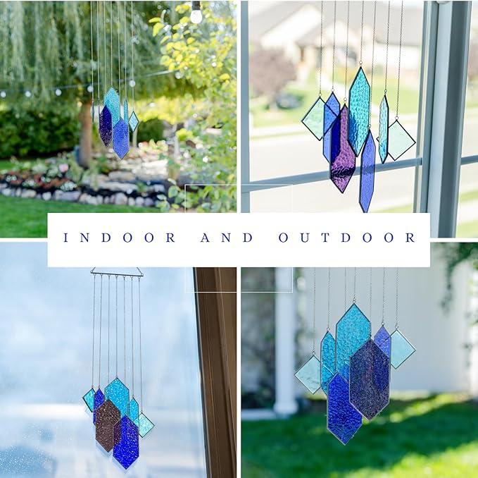 Stained Glass Window Hanging Sun Catchers Indoor Window Decor Azure Dream Stained Glass Panels Handcrafted Preassembled Vivid Real Stain Glass Art Reconfigurable