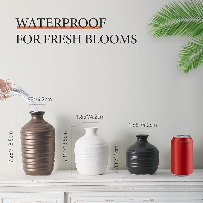 Ceramic Vase Set of 3 Decorative Vase for Home Decor Modern Farmhouse Decor Pottery Neutral Vases for Living Room Bathroom Table Mantel Fireplace Entryway Shelf (02-Metallic)