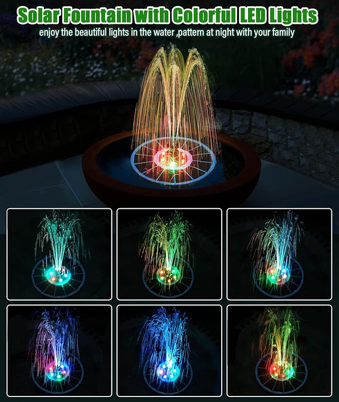 SZMP Solar Fountain Pump Upgraded 100% Glass Panel, 3.5W Solar Powered Fountain Built-in 2000 Battery with 7 Nozzle & 4 Fixer, Solar Fountain for Bird Bath, Pond, Fish Tank, Outdoor (Colorful)