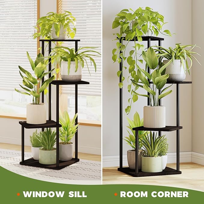 Bamworld 4 Tier Plant Stand Indoor, Small Metal Plant Shelf for Multiple Plants, Corner Flower Stand for Patio Garden Balcony Living Room Bedroom(Black)