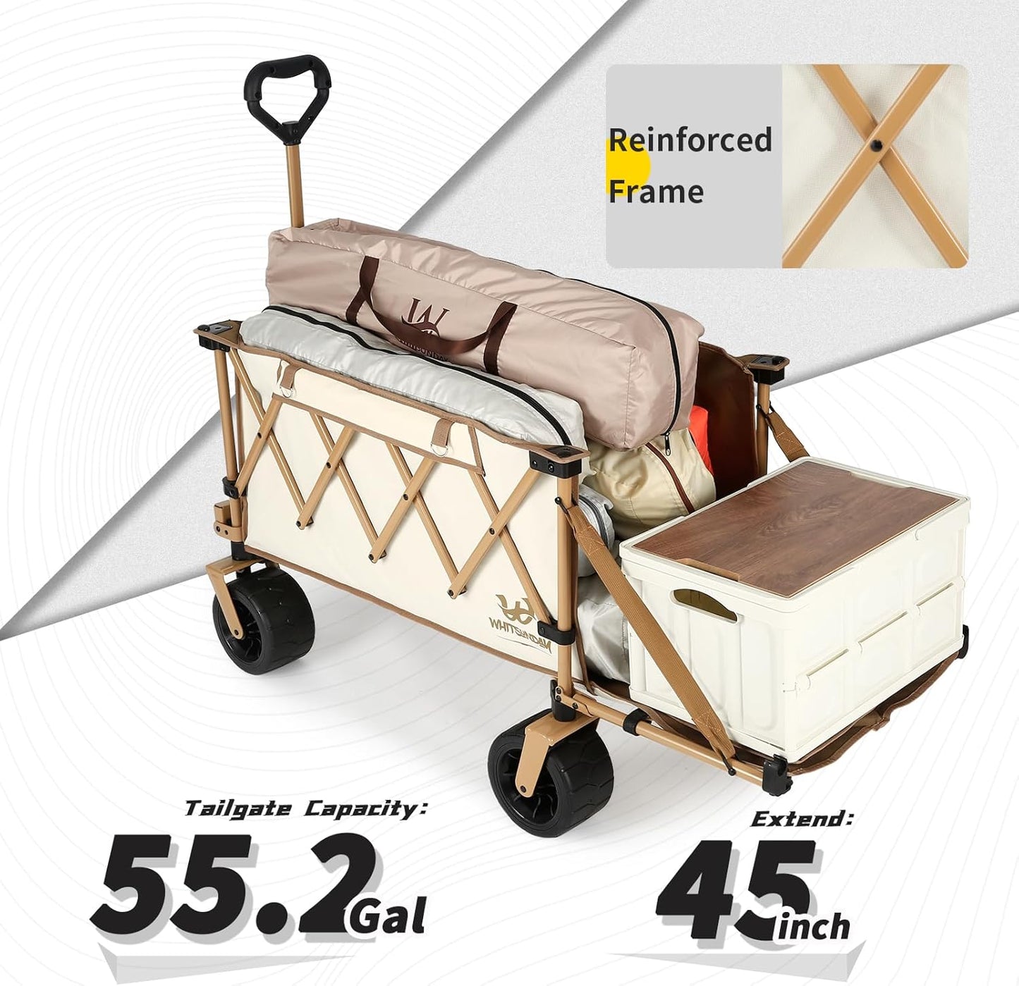 Whitsunday Collapsible Folding Wagon with Table,Heavy Duty Utility Beach Wagons with Opened Tailgate and All-Terrain Wheels for Camping,Garden,Sports Beige