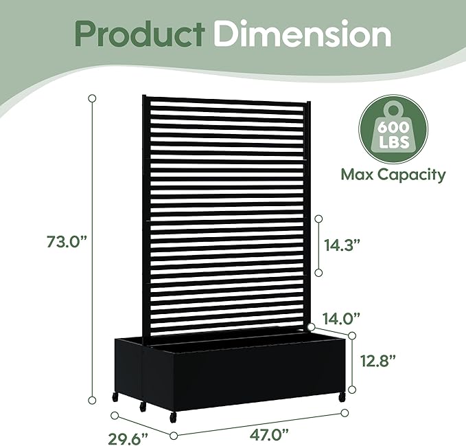 Double Metal Planter Box with Trellis Privacy Screen, Raised Garden Bed with Trellis & Wheels, Planter Box Outdoor with Drainage Holes for Climbing Plants, Vegetable, Vines,73"x 47"x 30", Black