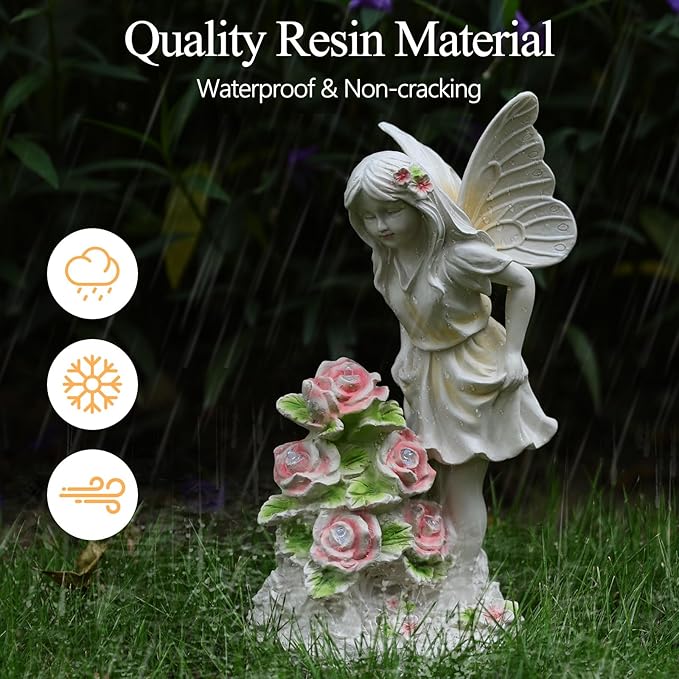 Angel Garden Statue, Guardian Solar Garden Decor with Warm Light, Waterproof Butterfly Angel Figurine with Flowers, Outdoor Garden Decor Sculpture for Lawn Yard Patio Windowsill, White