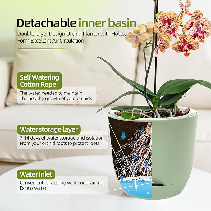 QCQHDU 2 Pack Orchid Pots with Holes for Repotting, Double-Layer and Self Watering Orchid Pot with Good Air Circulation