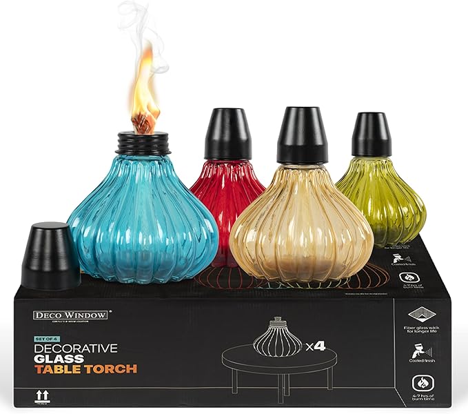 Deco Window Pack of 4 Table Torch for Indoor Outdoor Citronella Oil Tabletop Glass Lamp Landscape Multicolored Lantern with Fiberglass Wick & Cap for Garden Patio Yard Party Decor Light