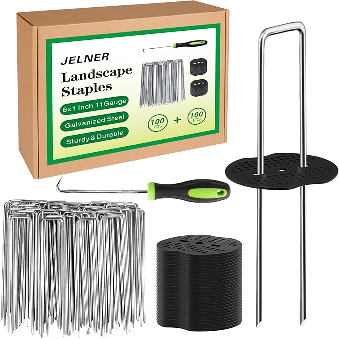 Landscape Staples Set,6 Inch 11 Gauge 100pcs Galvanized Garden Stakes + 100pcs Gaskets + 1Pick Hook,U-Shaped Tent Stakes Landscaping Fabric SOD Pins for Weed Fabric Barrier,Groud Cover,Fence