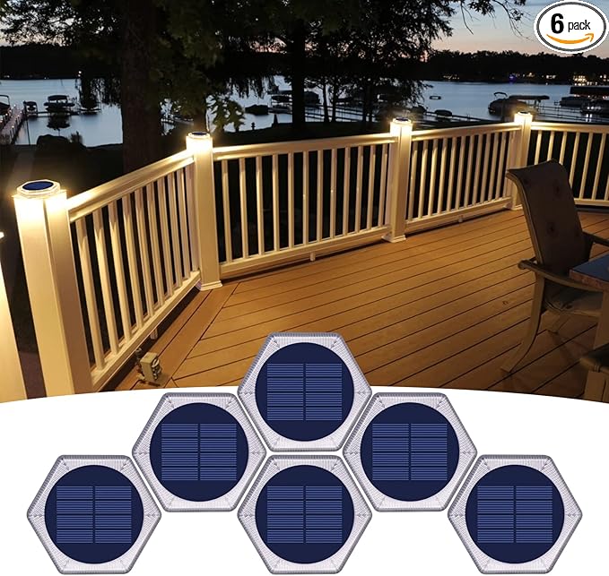 YiLaie Solar Deck Dock Lights 6 Packs Hexagon Warm White Step Lights Outdoor Waterproof Solar Powered for Driveway Post Fence Stairs Yard Patio Pathway Porch