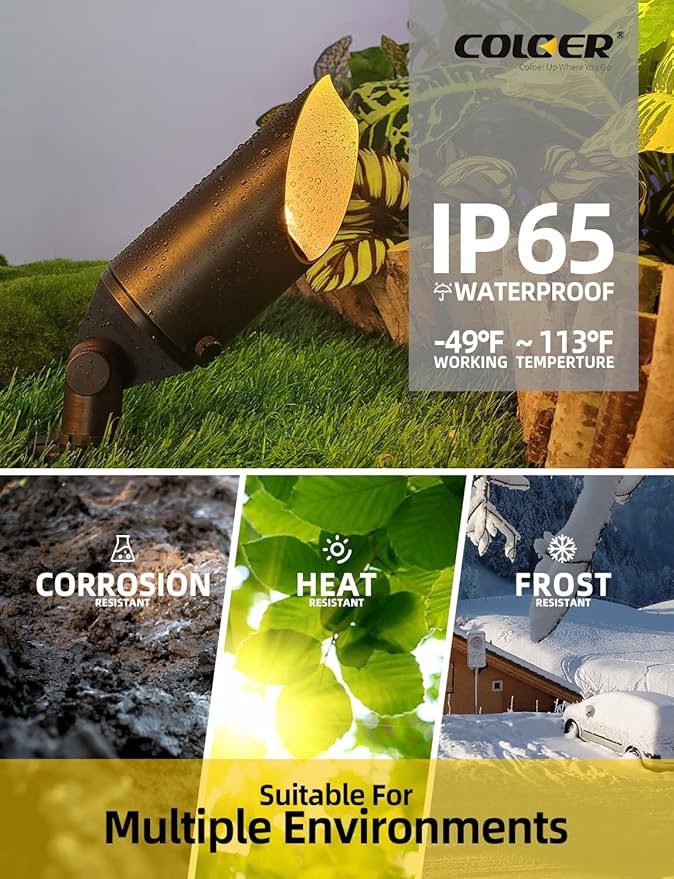 COLOER Brass Landscape Spotlights, 10 Pack Spotlight Fixture Outdoor with 5W Aluminum Housing MR16 LED Bulb 2700K 450LM, 12V AC/DC Low Voltage Landscape Lighting, Uplight for Garden and Patio(103B)