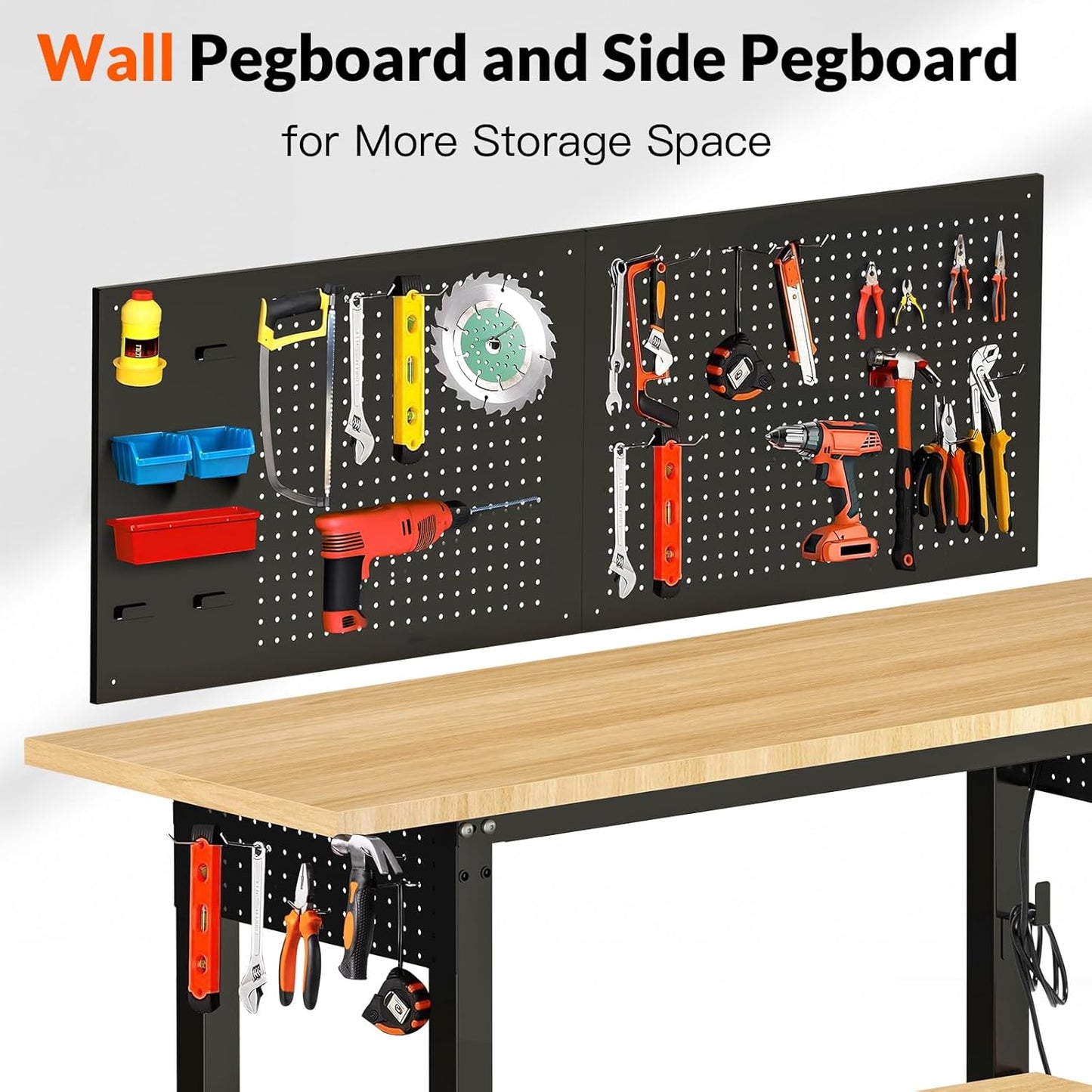 60“ Adjustable Height Workbench Work Bench for Garage Work Table with Under Table Shelf Heavy Duty Rubber Wood Top for Shop Woodworking, Office, Home, Commercial