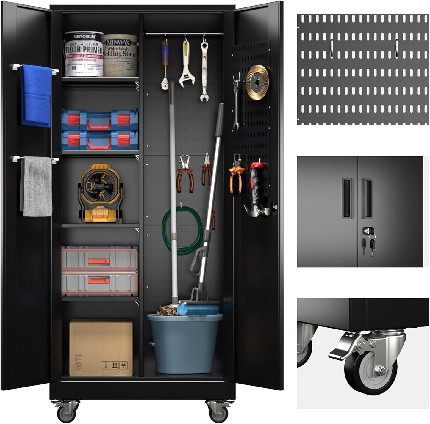 Garage Storage Cabinet with Wheels and 5 Pegboard, 71" H Metal Storage Cabinets with 2 Locking Doors and 4 Shelves, Broom Closet Storage Cabinet with Hanging Rod and 13 Hooks, Black
