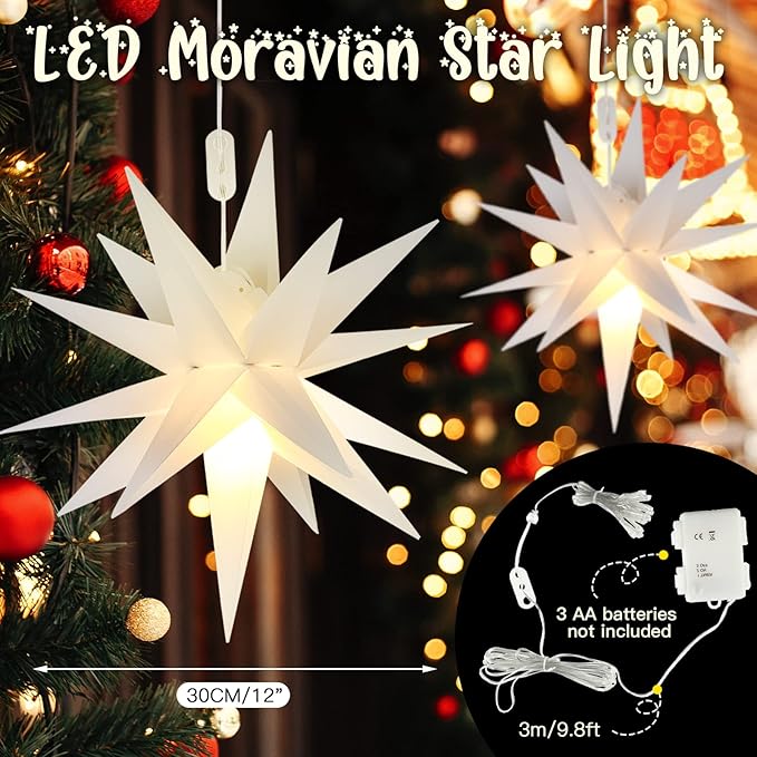 Kingdder 4 Pieces Moravian Star Light LED 3D Star Hanging Light Powered by Battery with Timer Function White Porch Lantern Holiday Decor for Indoor Outdoor Christmas Tree Balcony Courtyard (12 Inch)