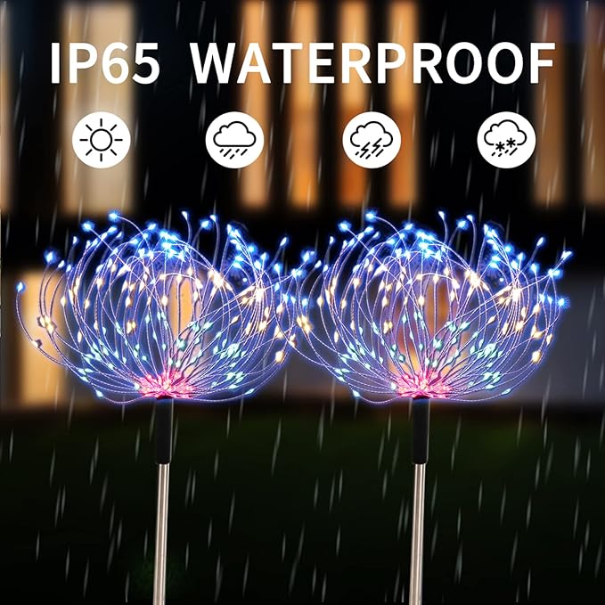 Fireworks Solar Lights Outdoor 4 Pack 480 LED Pathway Lights Solar Powered Starburst Fairy Lights Waterproof 8 Lighting Modes with Remote Control for Patio Christmas Yard Decorative(Multi-Colored)