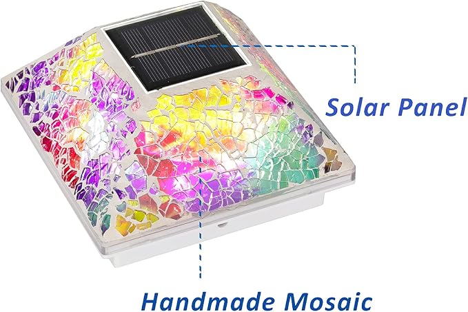2PK Mosaic Solar Post Cap Lights Outdoor for 4x4, 3.5x3.5 Post Crackled Glass Deck Fence Lamp Weatherproof LED Light Decor in Garden, Yard, Outdoor Table, Balcony, Landscape- Multi-Colored