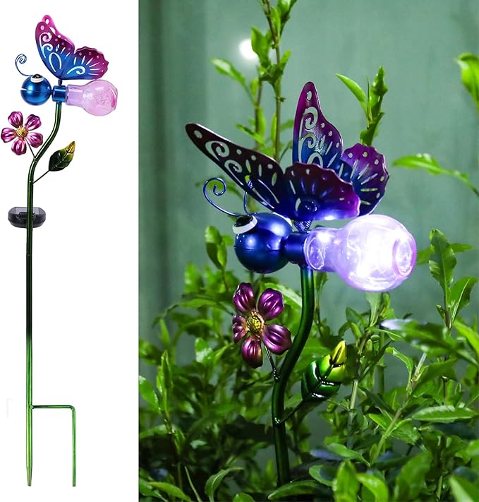 VCUTEKA Solar Garden Lights Metal Flower Decor Colorful Solar Pathway Light with LED Cracked Crystal Ball Outdoor Decorative Stake for Patio Yard Lawn Garden Decor (Purple)