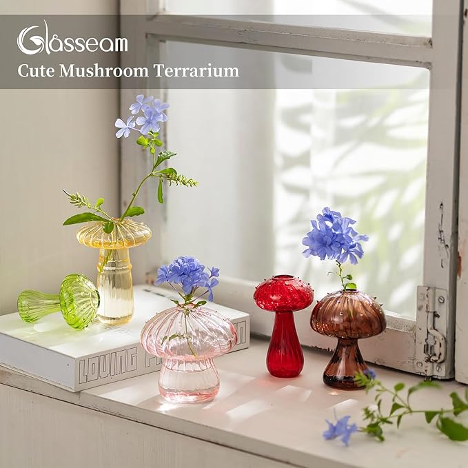 Glasseam Mushroom Glass Planter, Set of 5 Colored Plant Propagation Station, Mini Terrarium for Plants, Unique Small Glass Vase for Flowers, Cute Hydroponic Indoor Planters Gifts for Women Room Decor