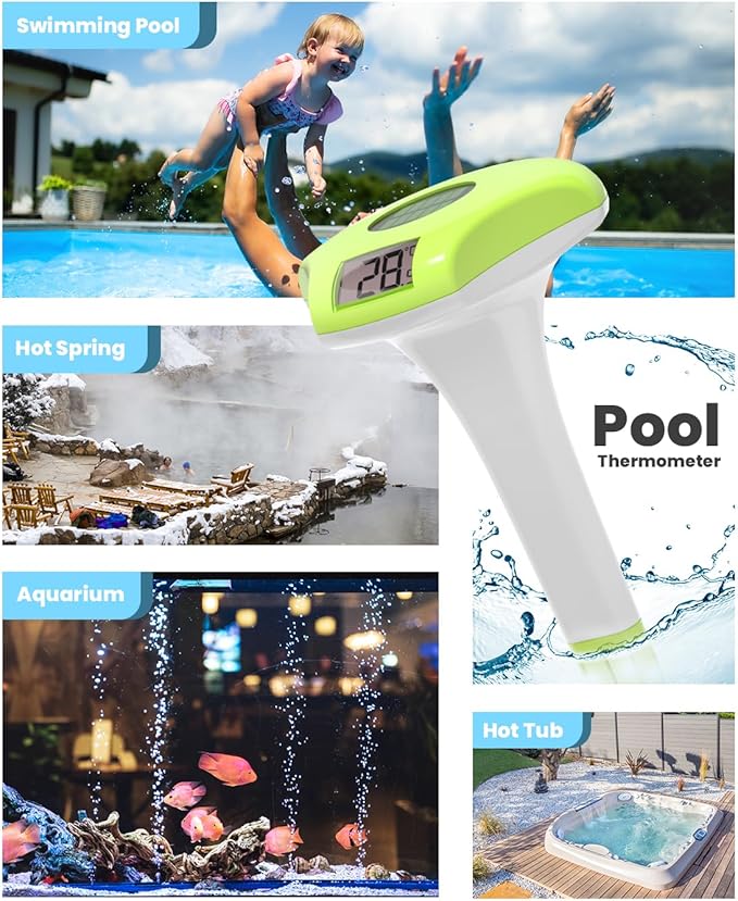 BALDR Pool Thermometer Floating Easy Read, IPX8 Waterproof, Solar Powered Digital Pool Thermometer with LCD Screen,Suitable for Swimming Pool/Hot Tub/Hot Spring/Aquarium (Green)
