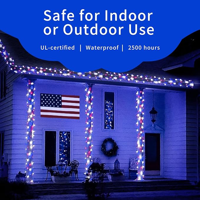 Ultra-Bright Connect End to End Red White and Blue Christmas Mini Light 100L 19.6Ft UL Listed Incandescent Bulb String Light Set for Indoor Outdoor National Day Garden Christmas Tree Decor