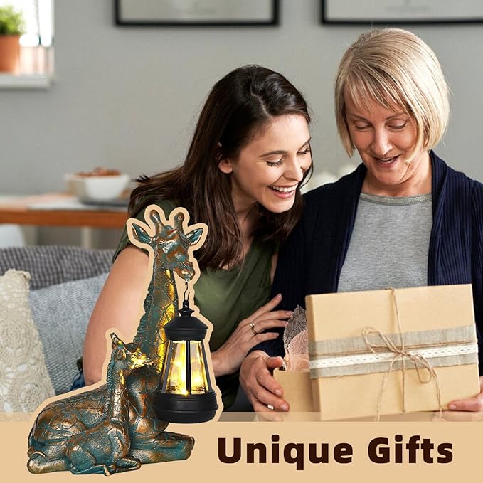 Solar Garden Decor - Mother Baby Giraffe Statue with Solar Lantern 9.7" Resin Giraffe Figurine Outdoor Patio Yard Porch Decor Gifts for Mom Grandma Women Gardeners