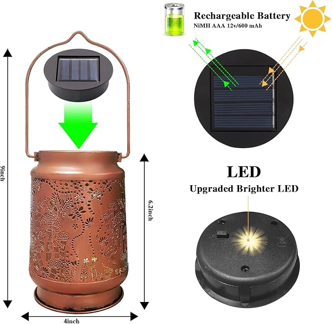 Solar Lanterns Outdoor Waterproof - Metal Hanging Solar Lights for Patio Yard Garden Decor, Christmas Birthday Gifts for Women Mom Men (1 Pack, Mushroom Shape)