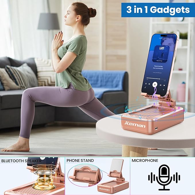 Jteman Portable Phone Stand with Speaker Bluetooth Wireless,Gifts for Men Women,Birthday for Women Men,Kitchen Gadgets for Men,Phone Holder for Desk - Rose Gold