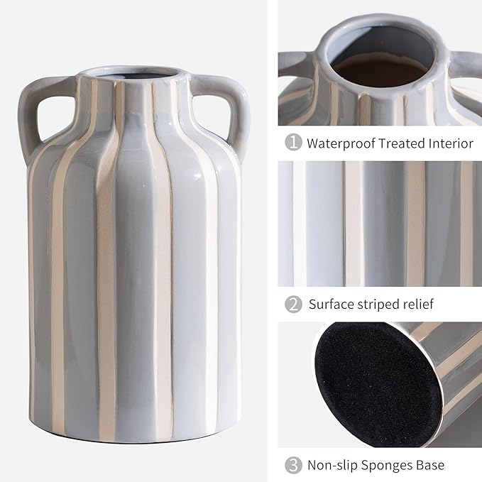 Ceramic Grey and White Checkered Stripes Vase with Handles, Hand-Painted Modern Minimalist Bohemian Floral Vases Home Decor, Cottage Core Decor, Flower Vase for Bouquet Mantle Kitchen Bookshelf 9.1 In