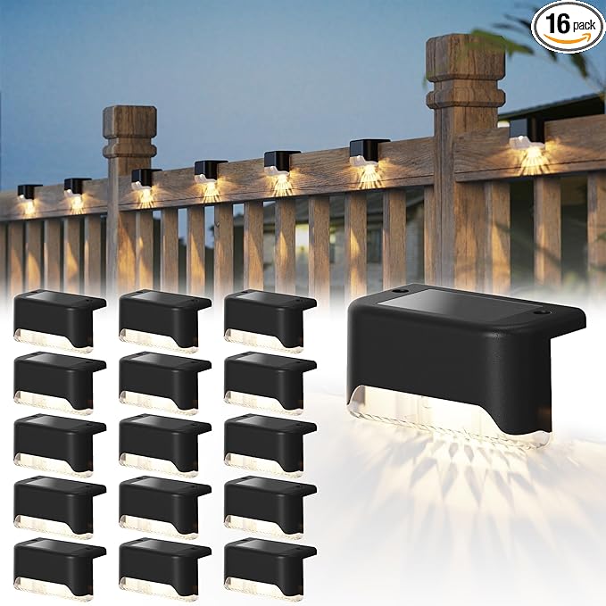 pearlstar 16 Pack Solar Step Deck Fence Lights, Solar Step Lights Outdoor Waterproof Led Solar Fence Lamp for Patio, Stairs,Garden Pathway, Step and Fences(Black)