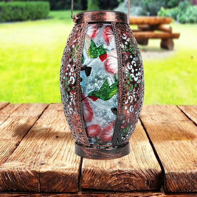 2PCS Hummingbird Solar Lanterns Glass & Metal Hanging Light Outdoor Waterproof 16" H Tabletop Lamp with Hollowed-Out Design with Shepherd's Hooks for Garden Patio Table Decor