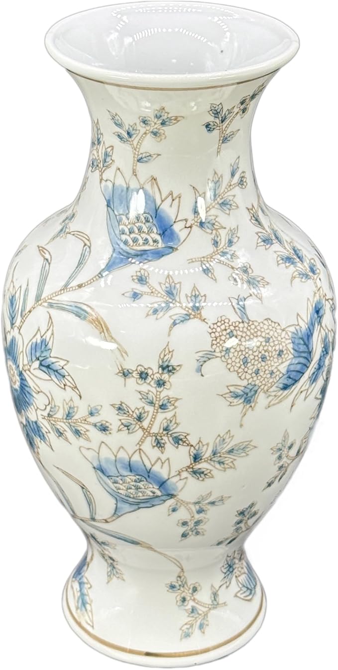 Galt International White & Blue Floral Chinoiserie Ceramic Vase 14" - Hand Painted Antique Style Porcelain Flower Bottle Fishtail Porcelain Chinese Vase for Home Decor Centerpiece