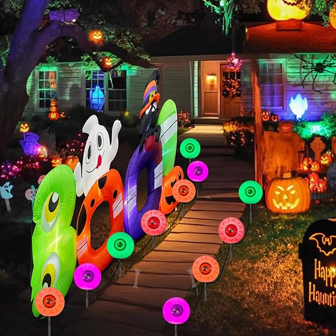 Outdoor Halloween Decorations Pathway Lights, 7Ft Halloween Eyeballs Pathway Markers String Lights Waterproof with 4 LED Scary Eyeballs Halloween Stakes Lights for Outdoor Walkway Yard Lawn Garden