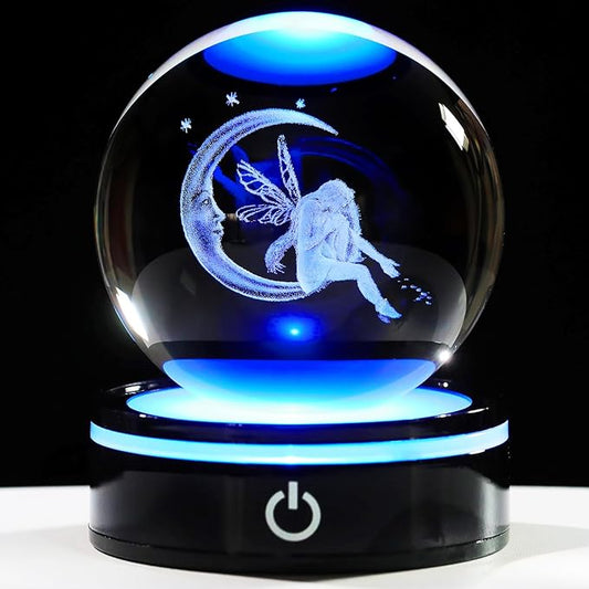 YWHL 3D Moon Fairy Figurine Crystal Ball with Colorful Light Base, Fairy Gifts for Women Girls on Christmas Birthday, 3D Laser Engraved Elf Full Sphere Glass Decorative Ball for Home Office (80mm)