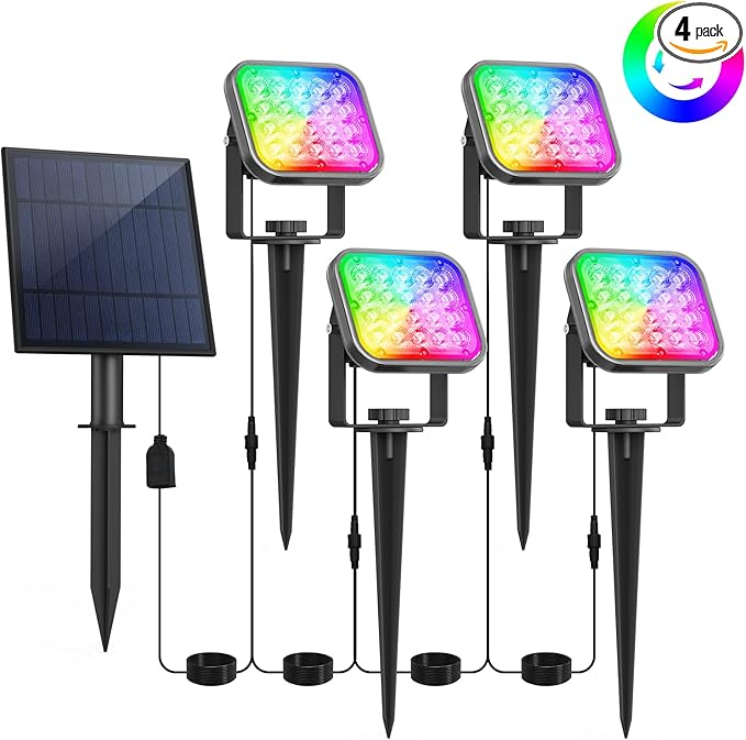 T-Sun Solar Spotlights Outdoor, 4 in 1 Color Changing Solar Landscape Spot Lights Auto ON/Off RGB Solar Garden Pond Lights for Yard, Pathway, Driveway, Pool Area(RGB)