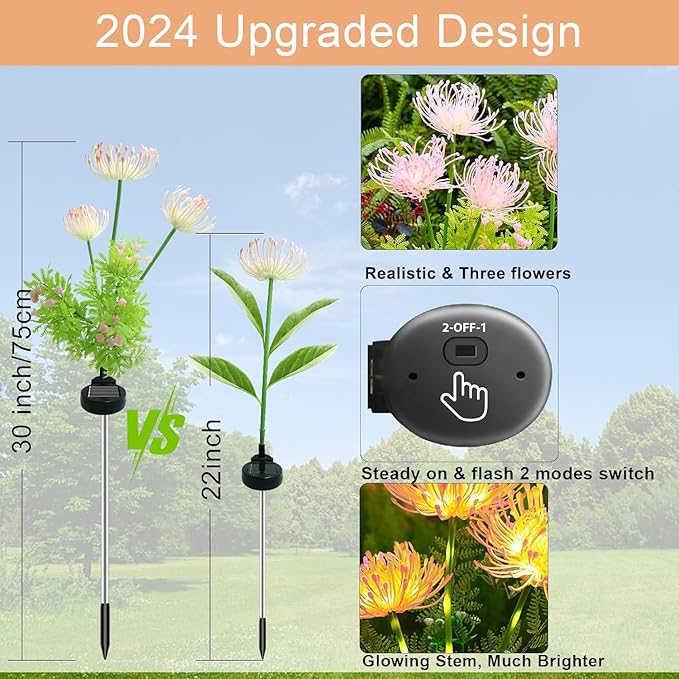 Solar Garden Lights Outdoor - 4 Pack Solar Flower Light Waterproof with Glowing Flowers & Stems for Garden Decoration,Yard Landscape Path Decor and Gift for Mother
