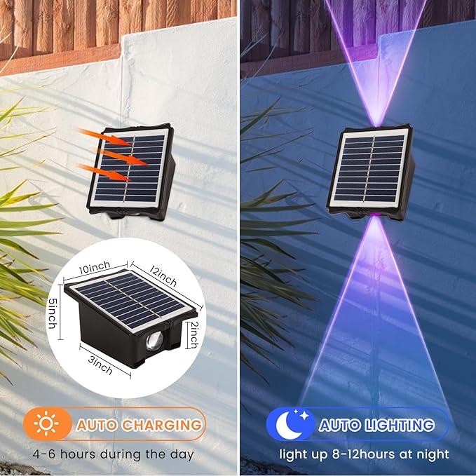 Solar Powered Outdoor LED Lights, Waterproof Wall Sconces, 2 LEDs Fence Lights, Up & Down Lighting for Backyard, Deck, Patio, Porch, Balcony, Garden (2 Pack)