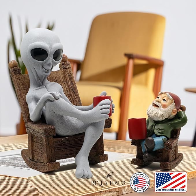 Andre' & Fritz | Celebrating Friendship with a Morning Cup of Coffee | Whimsical Extraterrestrial Outdoor Decor | Garden Statue 2pc Resin Set 6.25”/ 3.50” Tall (Coffee with Friends)