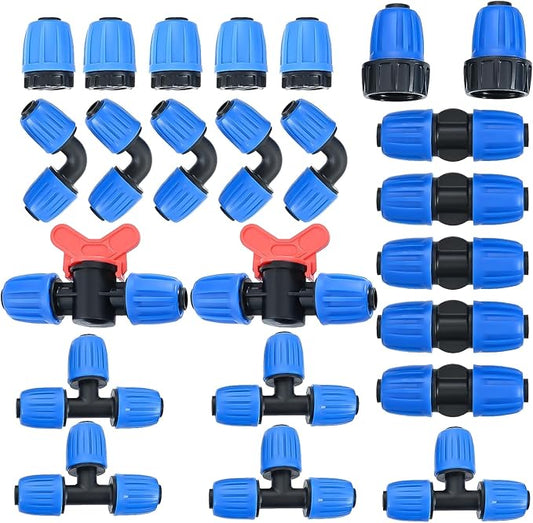 Drip Irrigation Fittings Kit for 1/2 Inch Tubing, 24 PCS 1/2" ID x 0.6-0.63" OD 16 mm Drip Anti-drop Barbed Locked Nut Connectors - 5 Tees, 5 Couplings, 2 Switch Valves, 5 End Cap, 5 Elbows, 2 Adapter