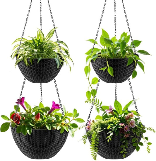 Hanging Planters for Indoor Outdoor Plants 8/10 Inch, 4 Packs Plant Hanger with Drainage Holes, Hanging Basket Flower Pot Perfect for Home, Office and Garden, Black