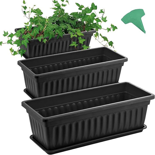 GROWNEER 3 Packs 17 Inches Black Flower Window Box Plastic Vegetable Planters Long Pots with 15 Pcs Plant Labels for Outdoor Indoor Windowsill Patio Garden Home Decor Porch