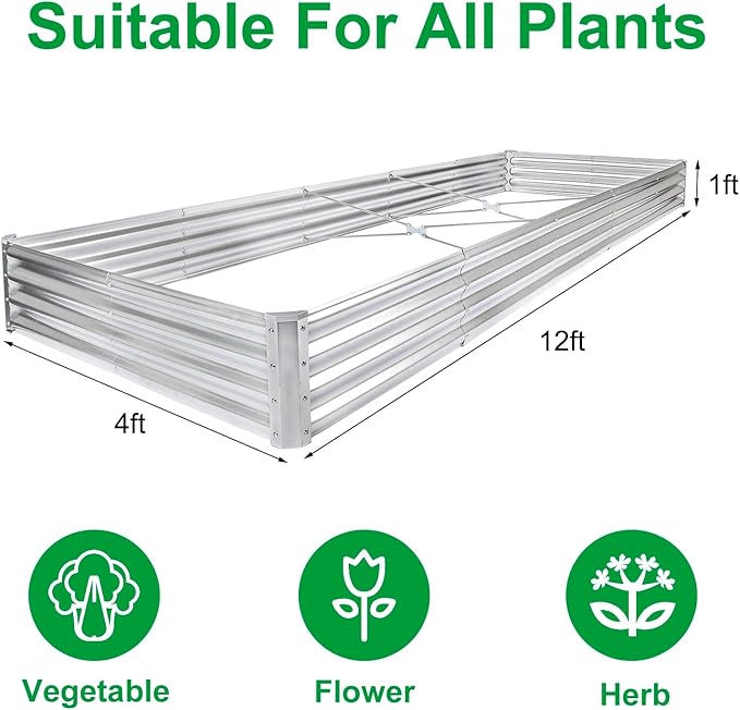 JERIA 12×4×1ft Raised Garden Bed with Support Rods,Galvanized Raised Garden Bed Kit Outdoor Metal Gardening Planter Box for Vegetable, Fruits, Flower