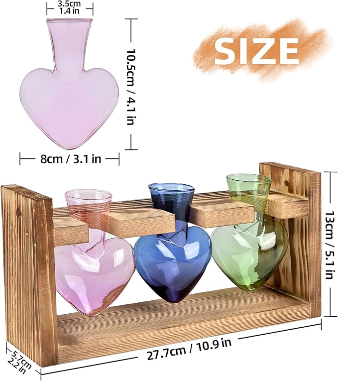 Plant Terrarium Propagation Stations Hydroponics Home Garden Decoration Gift for Women with Wooden Stand Heart Shaped Colored Glass Vase