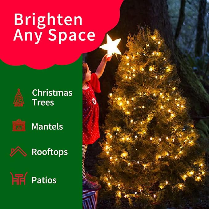 Ultra-Bright Connects End to End Yellow Christmas Mini Lights 100L 19.6Ft UL Listed Incandescent Bulb String Light Set for Indoor Outdoor Holiday Garden Party Christmas Tree Garland Decor