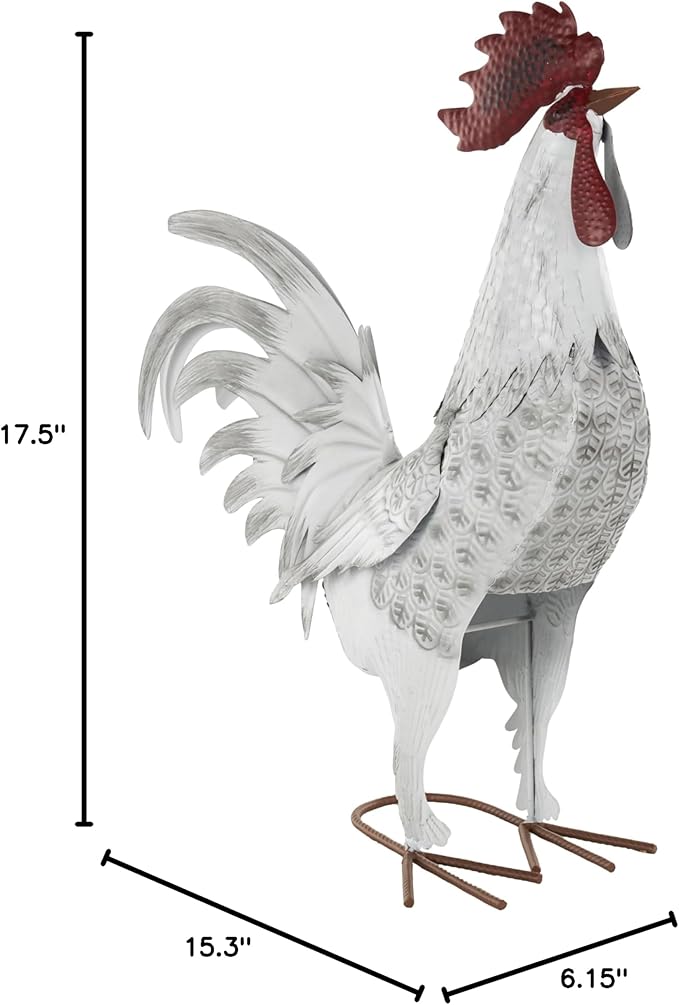 Deco 79 Metal Rooster Decorative Garden Sculpture Garden Statue with Black Texturing and Red Accents, Outdoor Sculpture 15" x 6" x 18", White